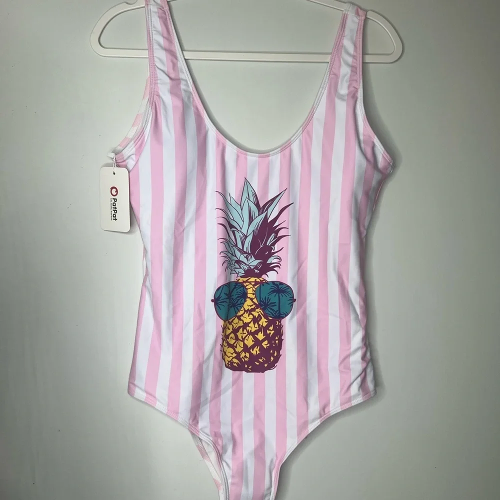 PATPAT  Womans Size XL Swimsuit One Piece Pineapple Pink Striped Build In Bra - Picture 5 of 11